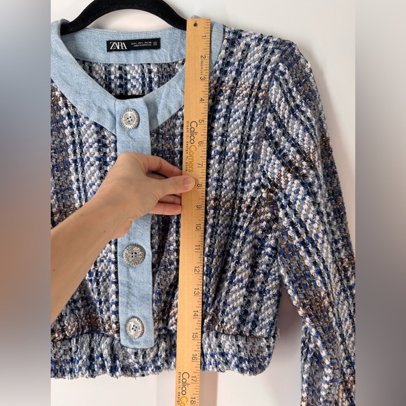 ZARA Tweed Textured Crop Long Sleeve Denim Blue Blazer - Picture 5 of 6